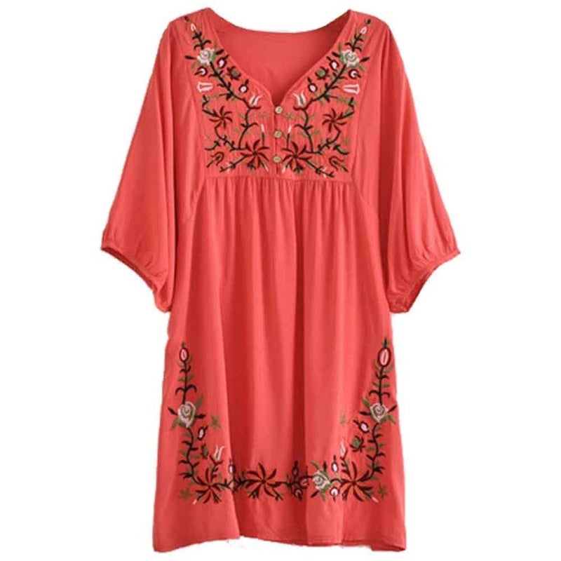 Kafeimali Summer Dress V Neck Mexican Embroidered Peasant Women's Dressy Tops Blouses (Red) - Image 1